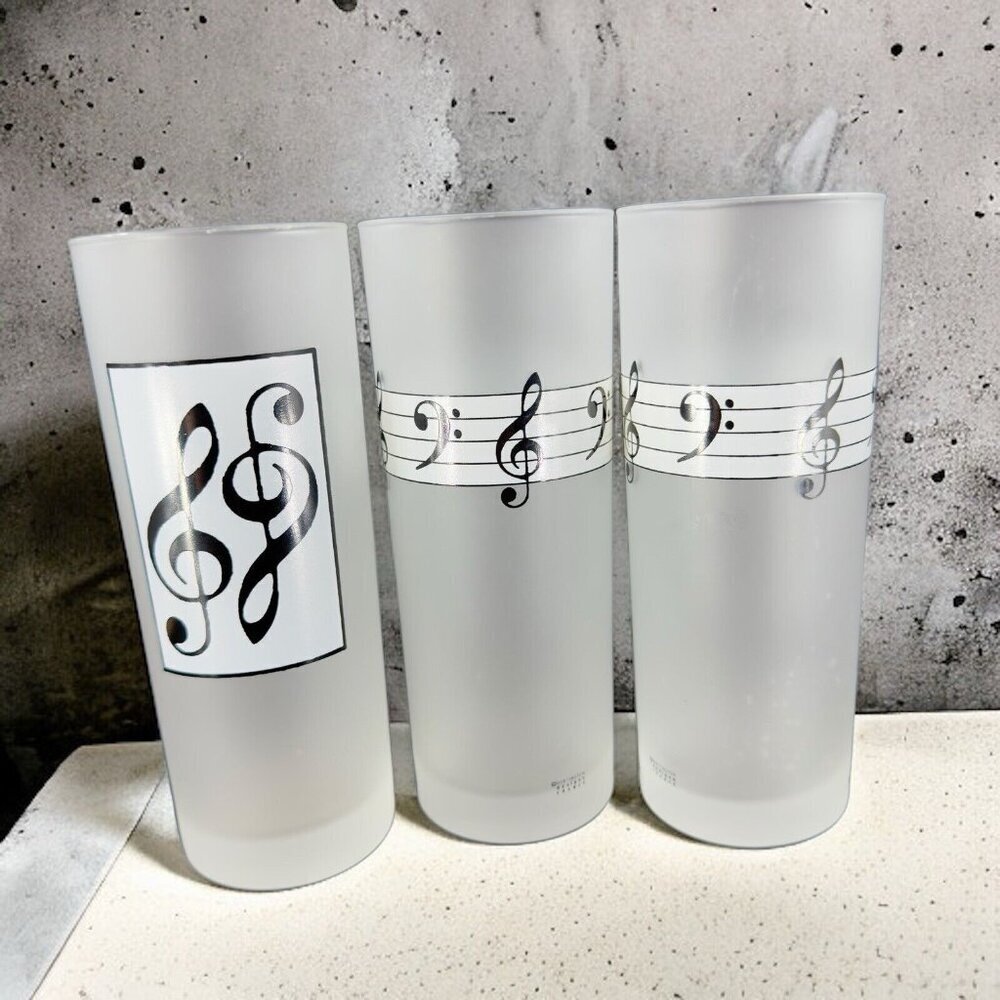 Dartington Designs France Frosted High Ball Tumbler Glasses‎ Music Notes Set 3